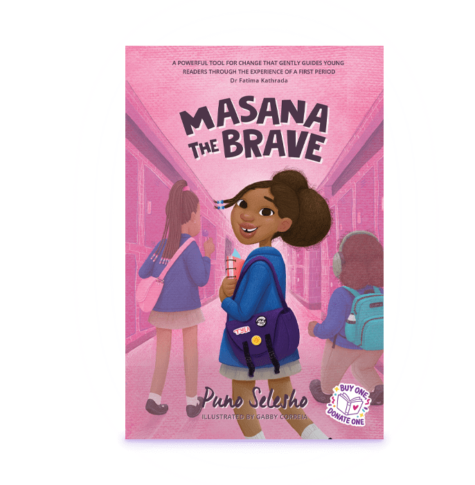 Masana the Brave book collage - cover, characters and story illustrations for first periods and growing up